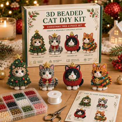 🎄 3D Beaded Christmas Cat DIY Craft Kit Set of 4 Handmade Ornaments 🐱