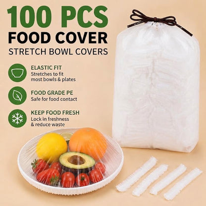 🍽️ 100PCS Disposable Stretch Food Covers - Elastic Bowl & Plate Sealers 🍏