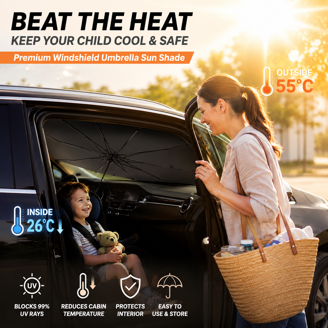 🚗 Foldable Car Sunshade Umbrella – Reflective Windshield Heat & UV Protection ☀️
