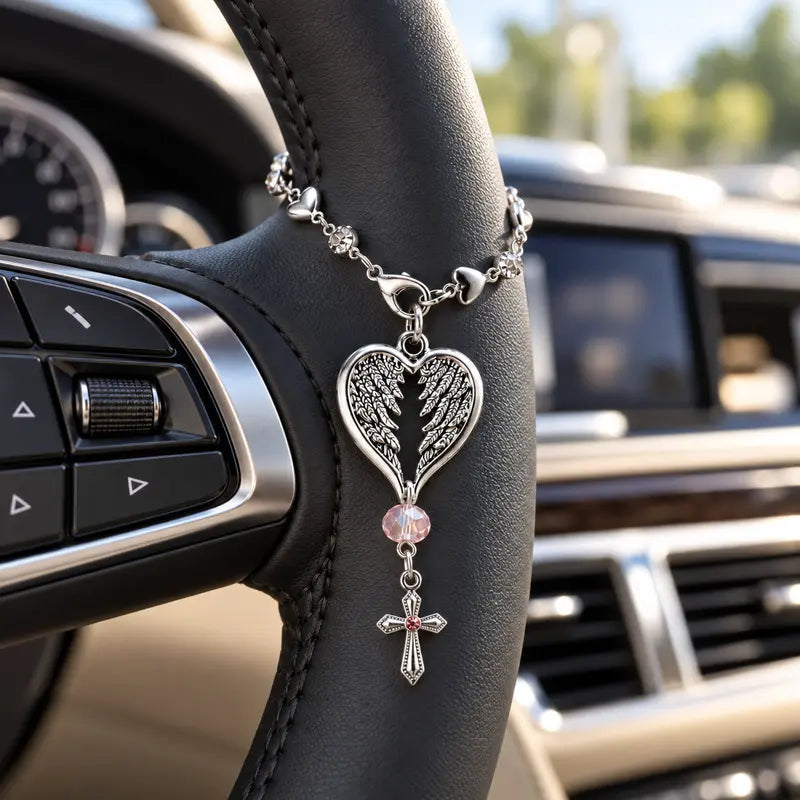 💗 50% OFF Angel Wing Heart Car Charm with Cross & Pink Crystal