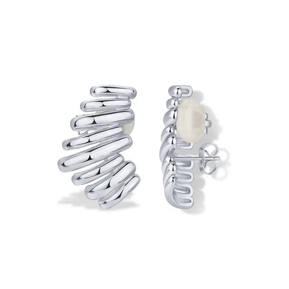 ✨ 50% OFF 14K Gold Plated Climber Stud Earrings for Women – Ribbed Statement Style
