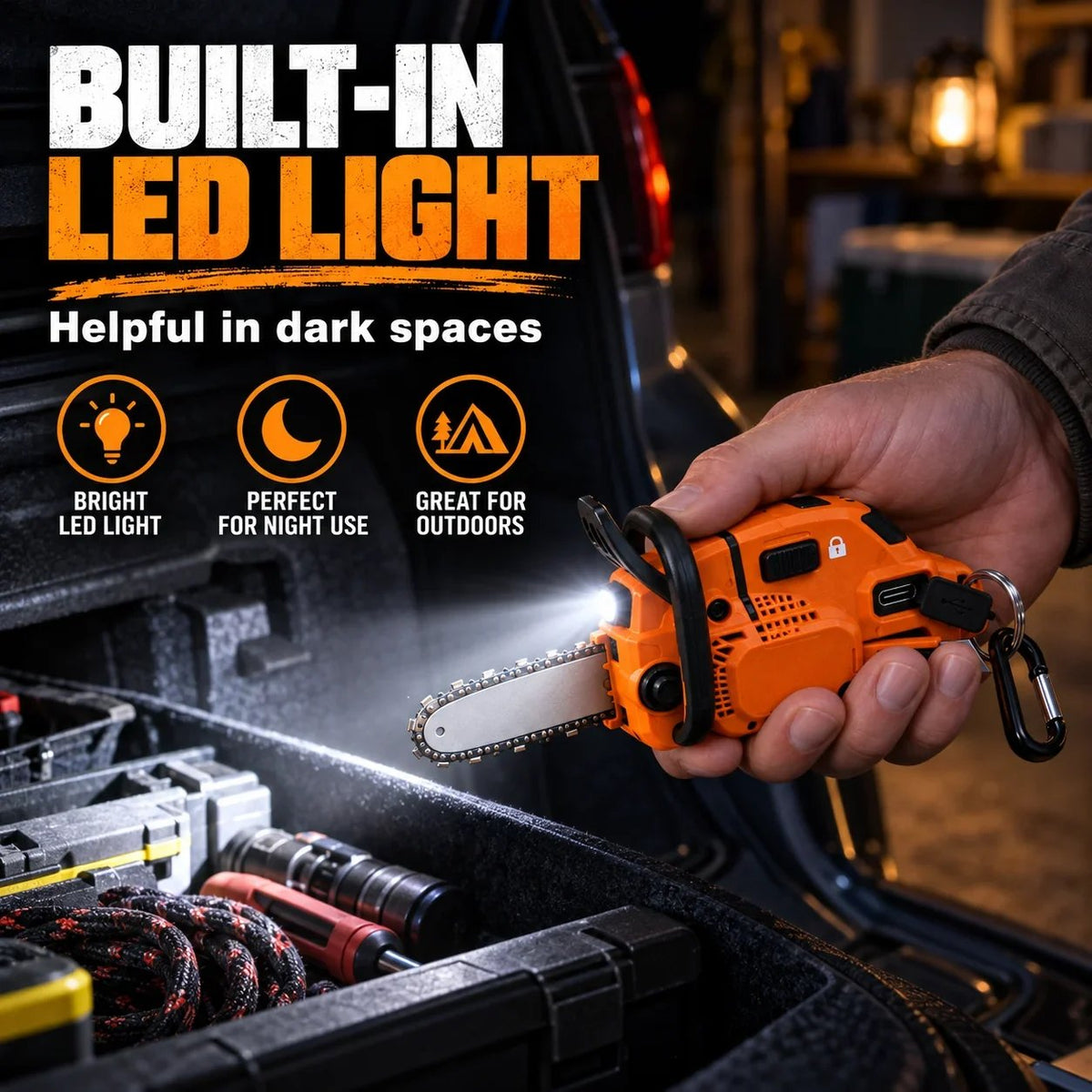 Mini Chainsaw Keychain Multi-Tool – Rechargeable LED Flashlight & Retractable Utility Cutter
