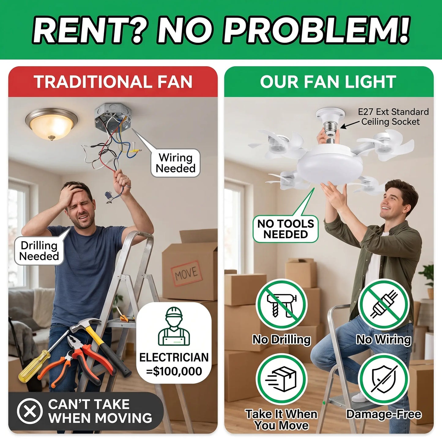🔥50% OFF TODAY💡 2-in-1 Ceiling Fan Light 🔧No Wiring • No Tools • Just Screw It In