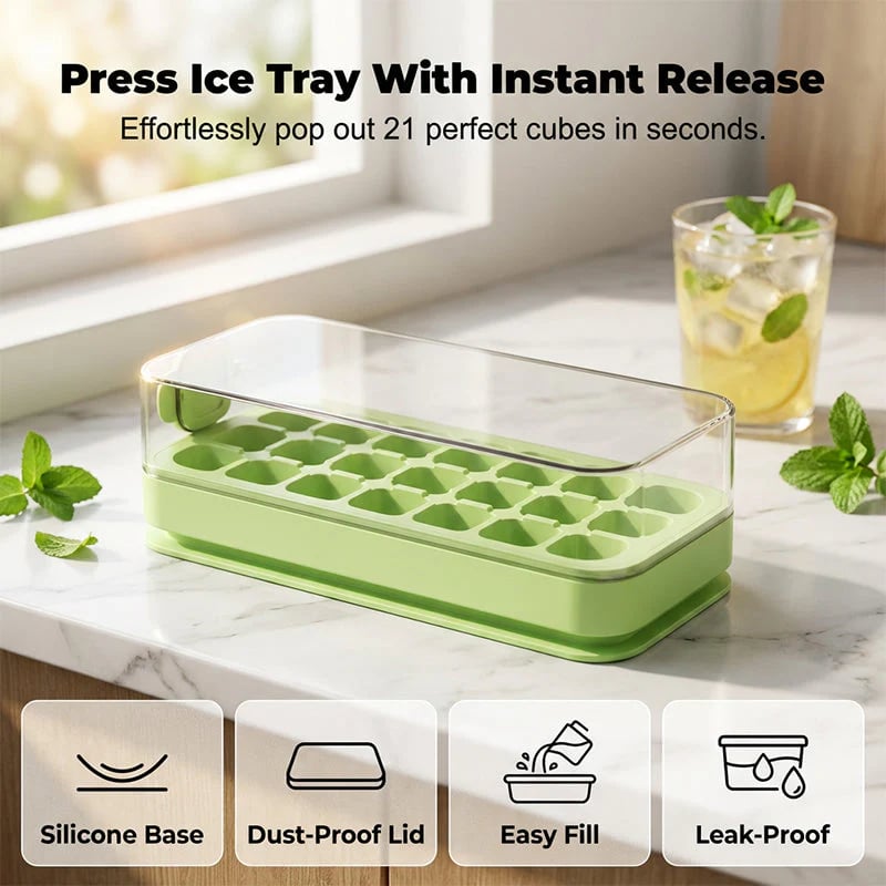 🧊 21-Cube Press-Type Ice Cube Tray With Lid – Easy Fill, Covered Freezer Storage