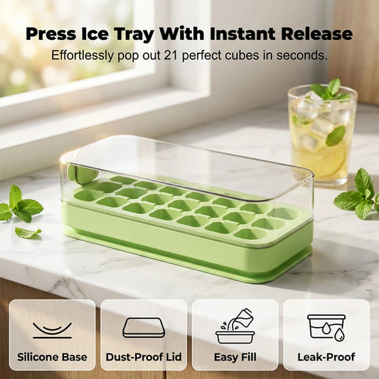 🧊 21-Cube Press-Type Ice Cube Tray With Lid – Easy Fill, Covered Freezer Storage