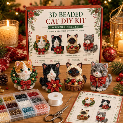 🎄 3D Beaded Christmas Cat DIY Craft Kit Set of 4 Handmade Ornaments 🐱