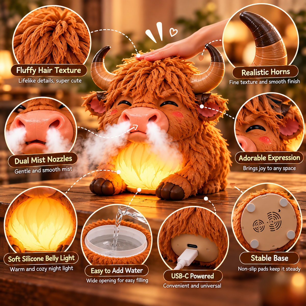 🐮 Highland Cow Huff™💡 – Tap-to-Puff Humidifier & Colorful Night Light