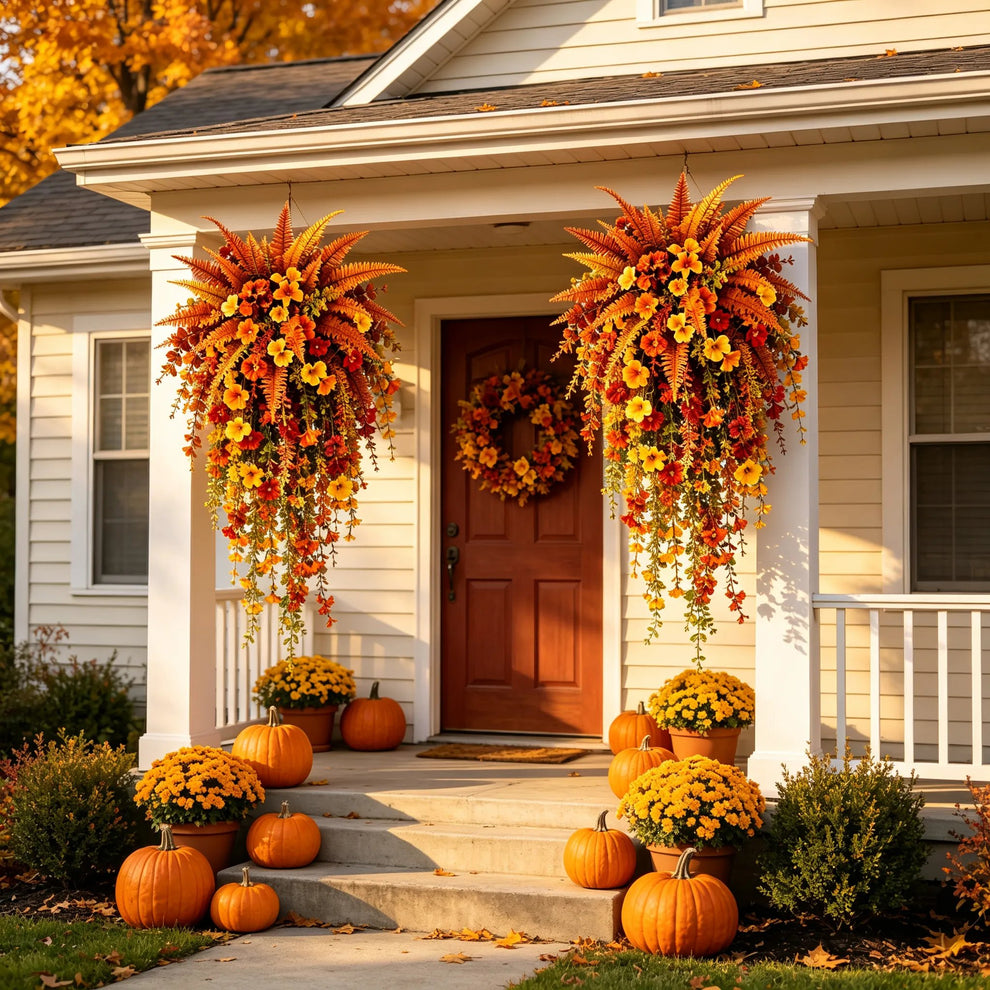 🔥On Sale Only Today 🍂 🍁 Fall Artificial Hanging Flower Basket Set for Front Door Porch Decor 🍂