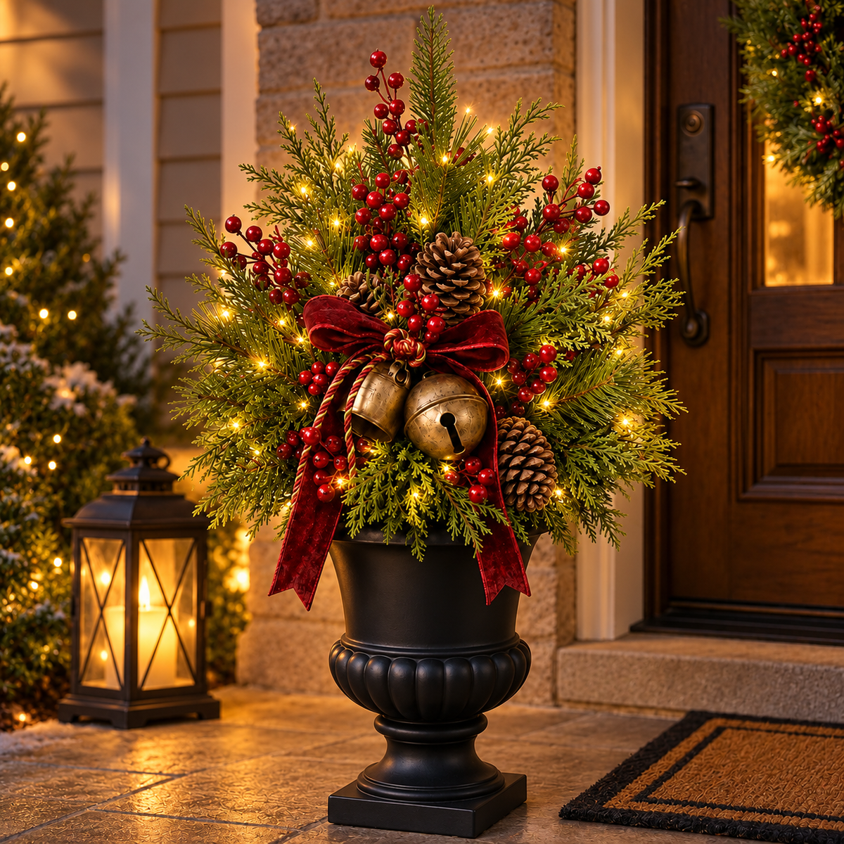 🎄 24" Pre-Lit Christmas Urn Filler 🔔 Vintage Bells & Rustic Farmhouse Charm