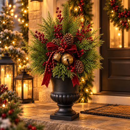 🎄 24" Pre-Lit Christmas Urn Filler 🔔 Vintage Bells & Rustic Farmhouse Charm