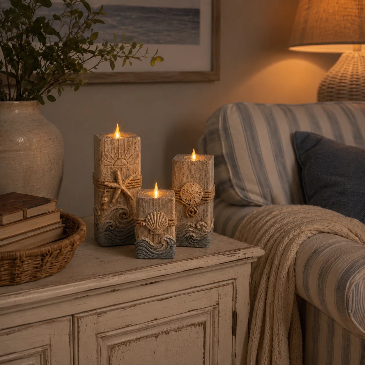 🔥 HOT SALE 🔥🌊 Coastal Wooden LED Candle Set of 3 with Remote & Timer 🕯️
