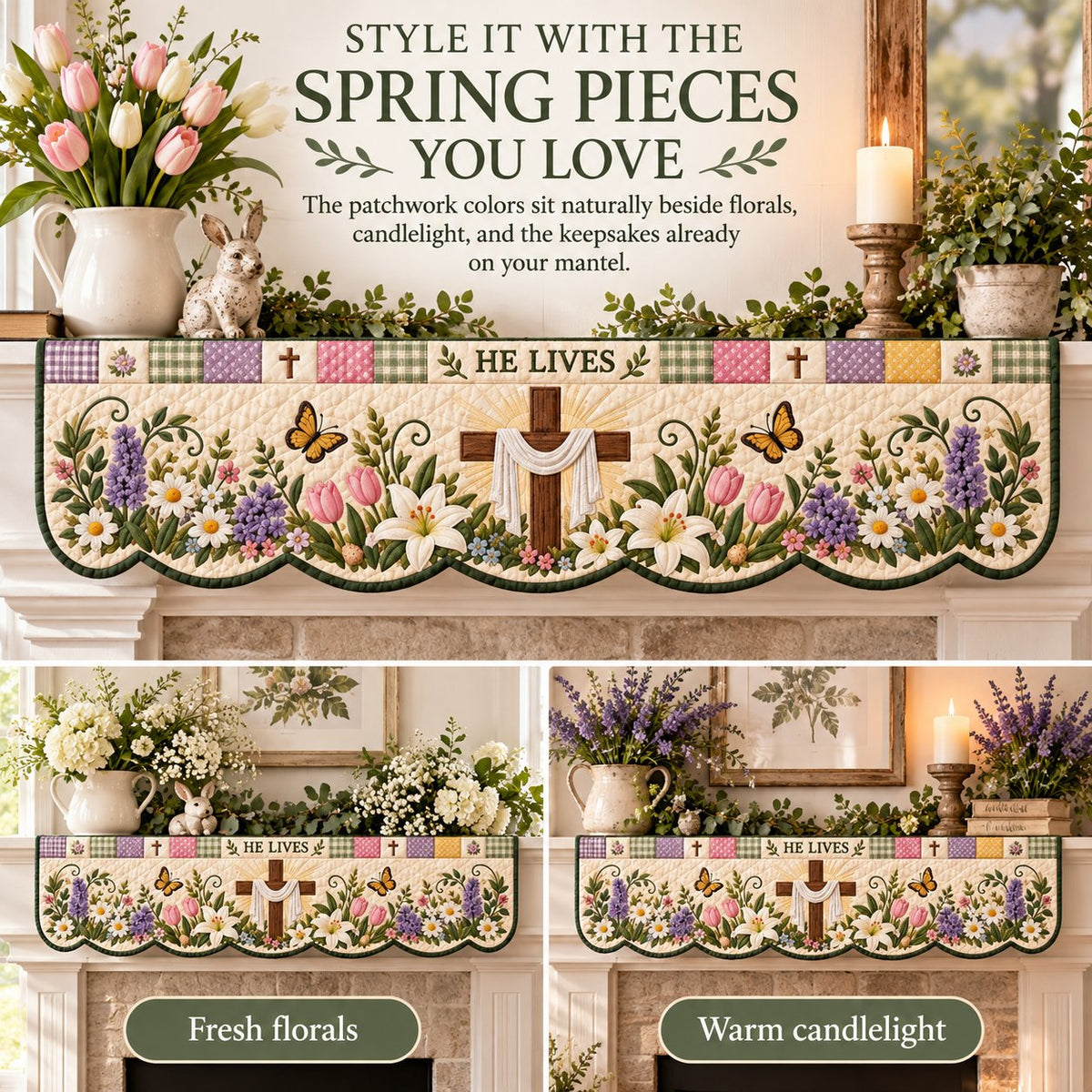 ✝️ Easter Faith Quilted Mantel Scarf | Patchwork Christian Fireplace Décor for Spring & Easter 🌷