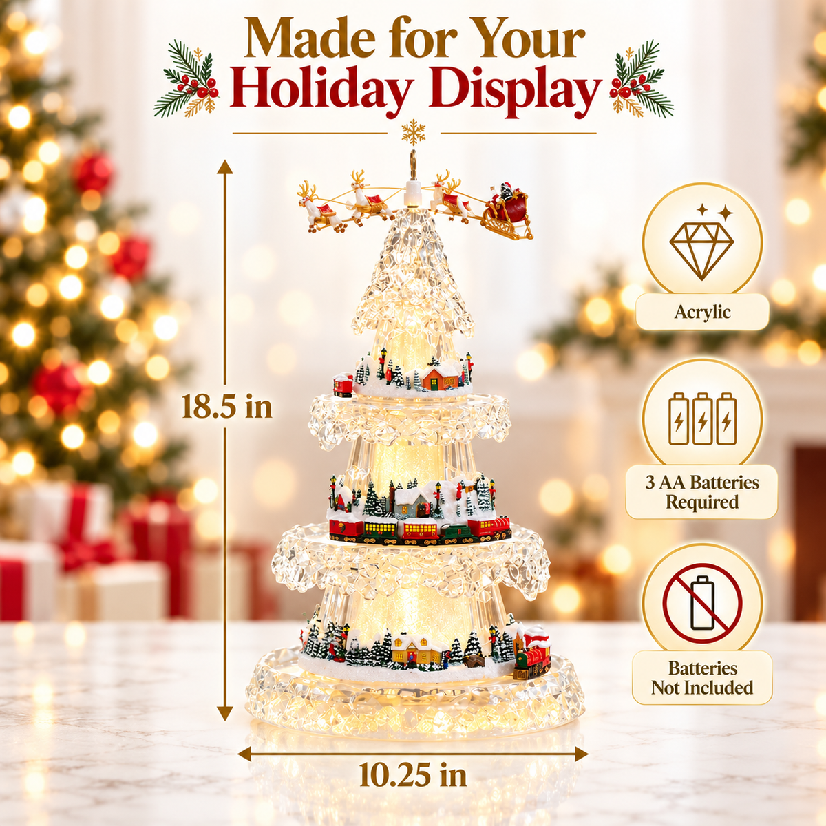 Musical Christmas Tree with Animated Train – Light-Up Acrylic Holiday Village Tabletop Decoration