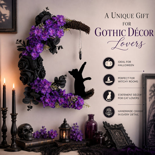 🌙 Halloween Crescent Moon Cat Wreath – Add A Witchy Purple Glow To Your Door 🐈‍⬛