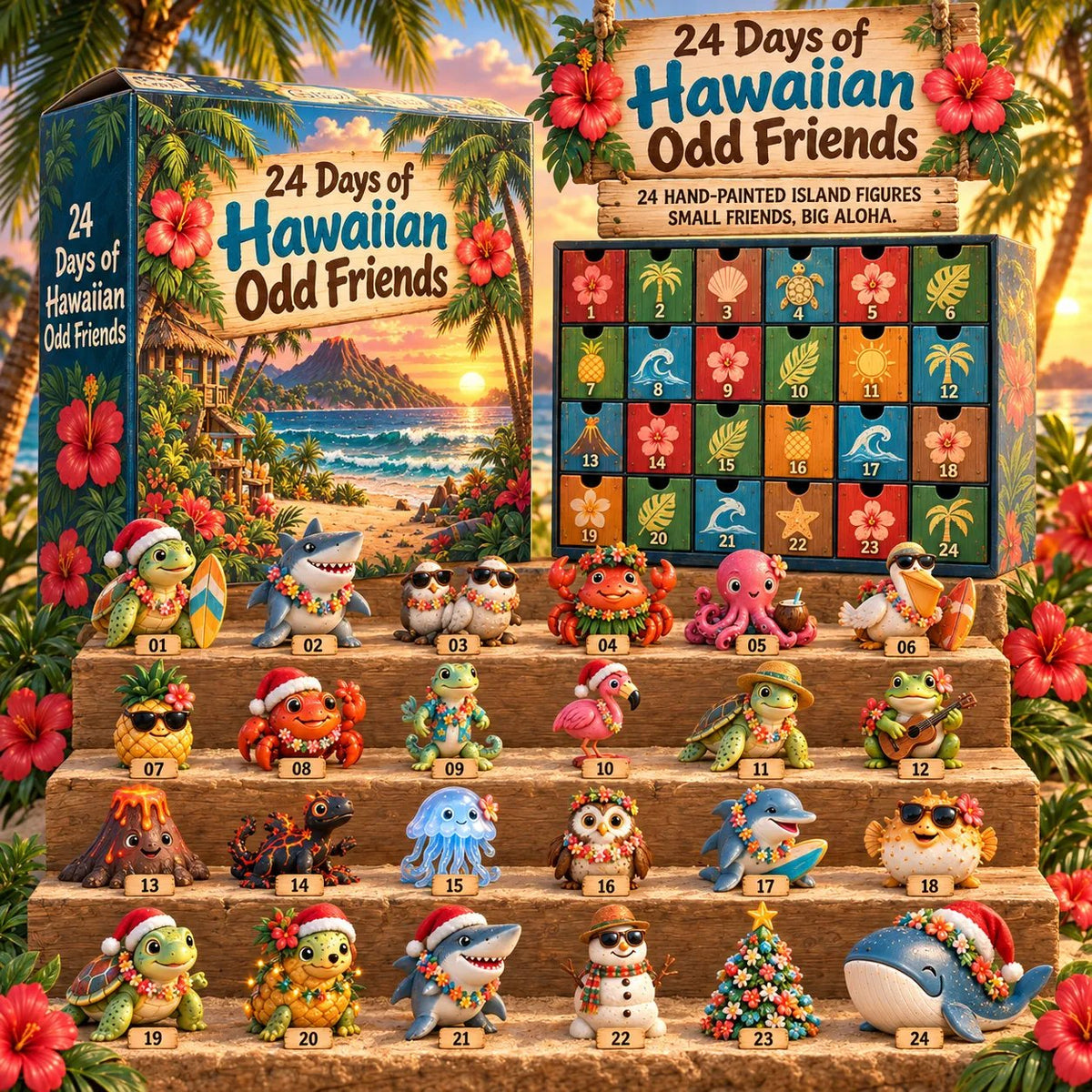 🌺 24 Days of Hawaiian Odd Friends Advent Calendar | Tropical Christmas Figurine Set 🏝️