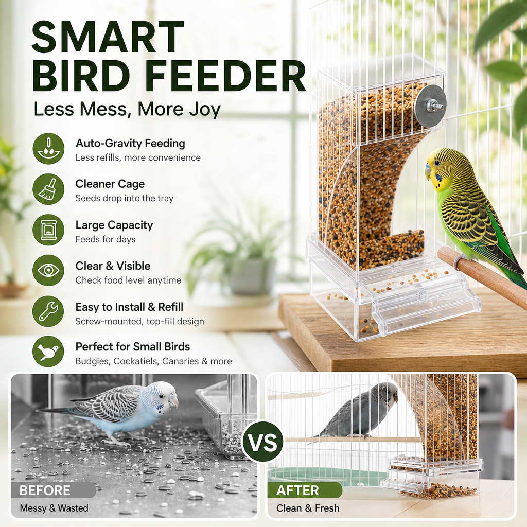 🐦 No-Mess Automatic Bird Feeder - Gravity Seed Dispenser for Cage 🌾