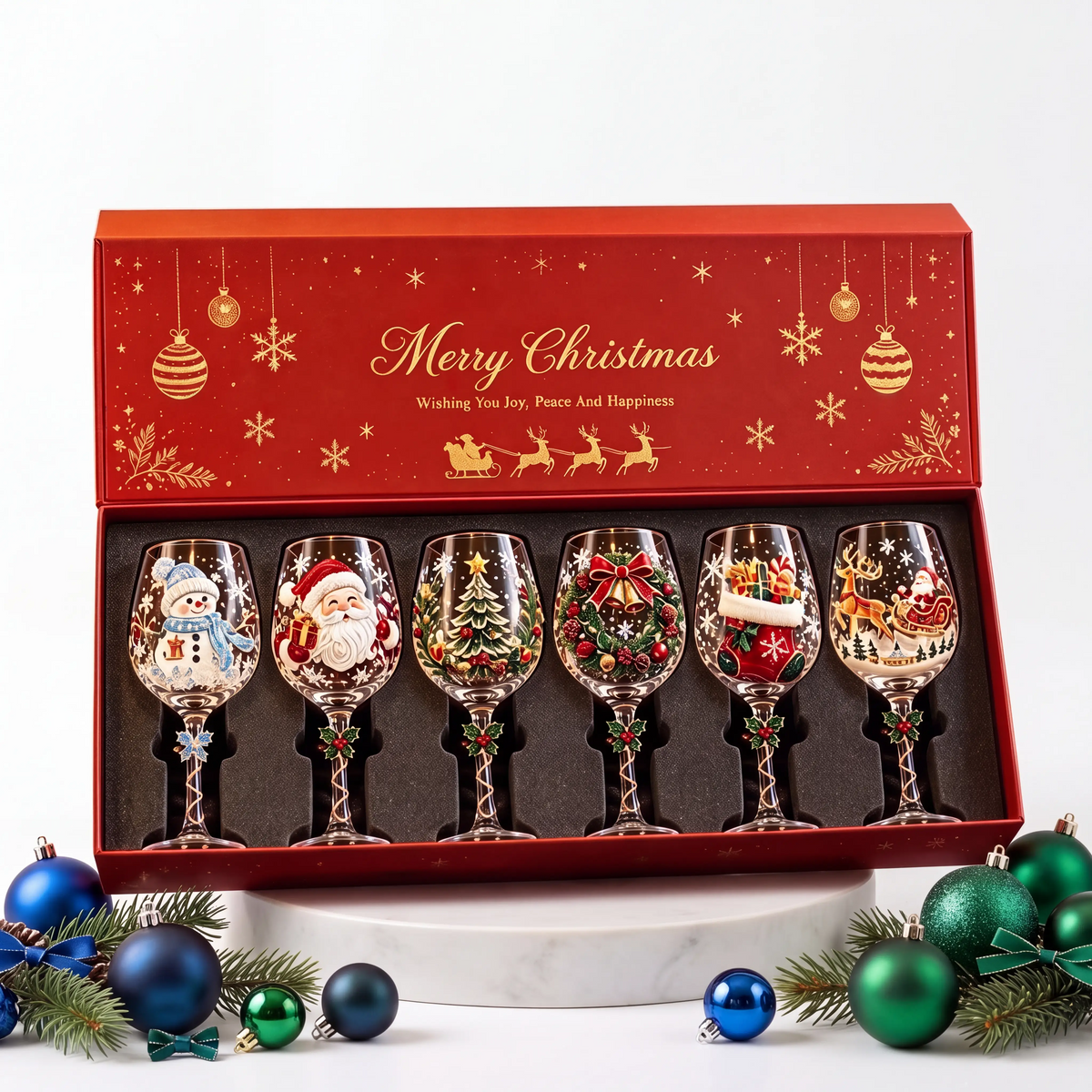 🎄 Set of 6 Christmas 3D Glass Goblets – Festive Holiday Drinkware Gift Set