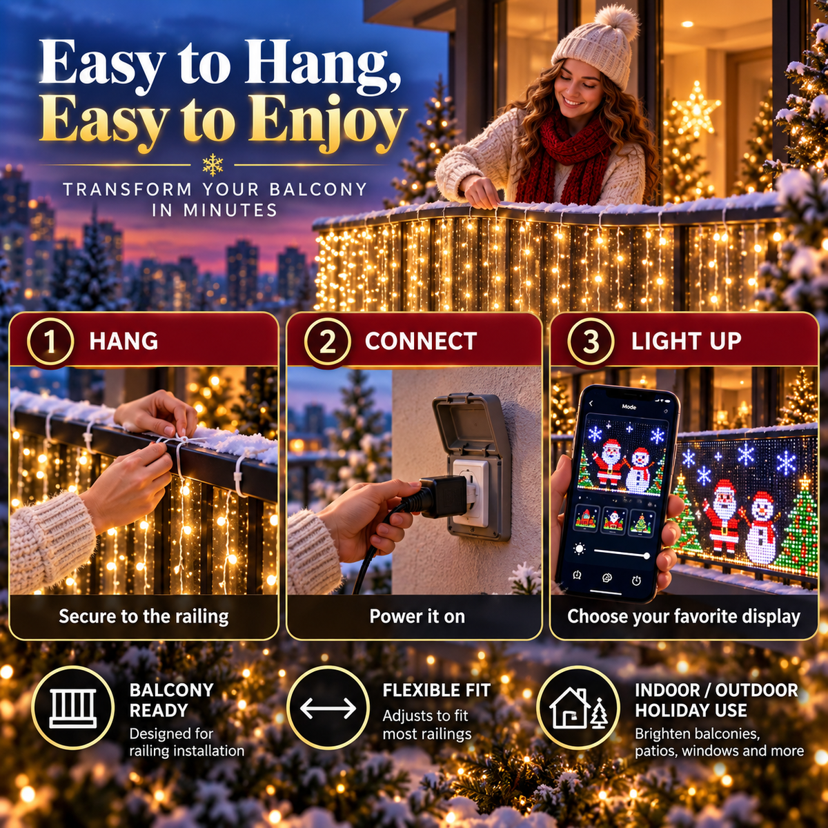 ✨ Smart App-Controlled RGB Pixel Christmas Curtain Lights with Animated Holiday Scenes 🎄