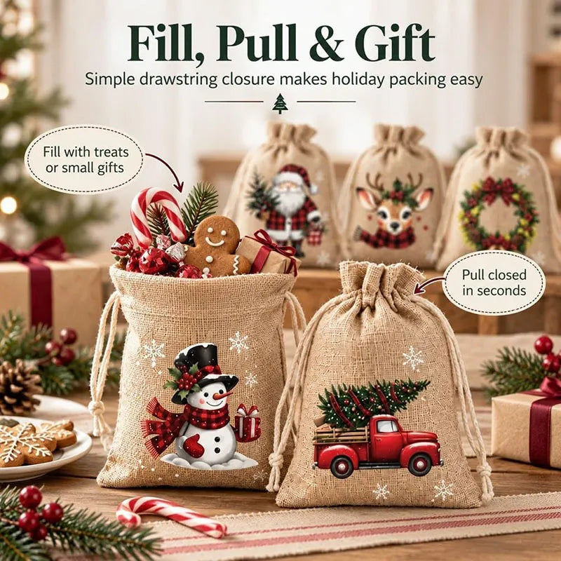 🎁 Christmas Drawstring Gift Bags – Festive Santa & Reindeer Prints, Double Drawstring Closure & Durable Fabric – Holiday Cheer in Every Gift ✨