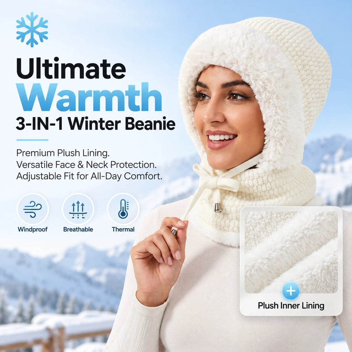 ❄️ 3-in-1 Winter Beanie – Plush Hat, Face Cover & Neck Warmer 🧣