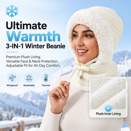 ❄️ 3-in-1 Winter Beanie – Plush Hat, Face Cover & Neck Warmer 🧣