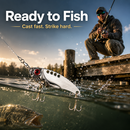 Blade-style lure with 3D red eyes; a rigid, action-adjustable spoon-style lure