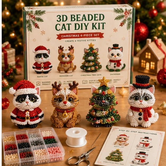 🎄 3D Beaded Christmas Cat DIY Craft Kit Set of 4 Handmade Ornaments 🐱