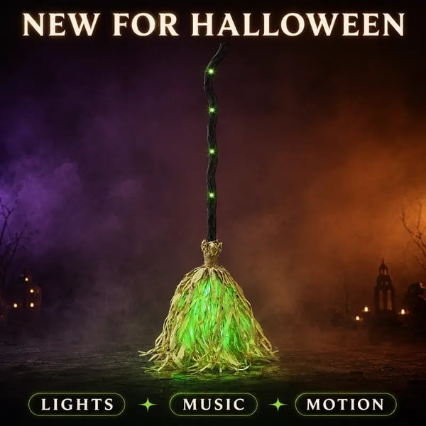 🧹Animated Witch Broom – Spooky Moving Halloween Decor with Sound & Lights! 👻✨