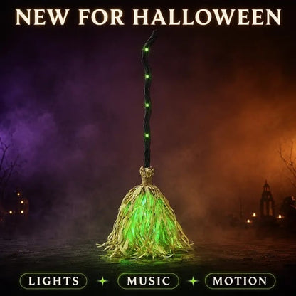 🧹Animated Witch Broom – Spooky Moving Halloween Decor with Sound & Lights! 👻✨