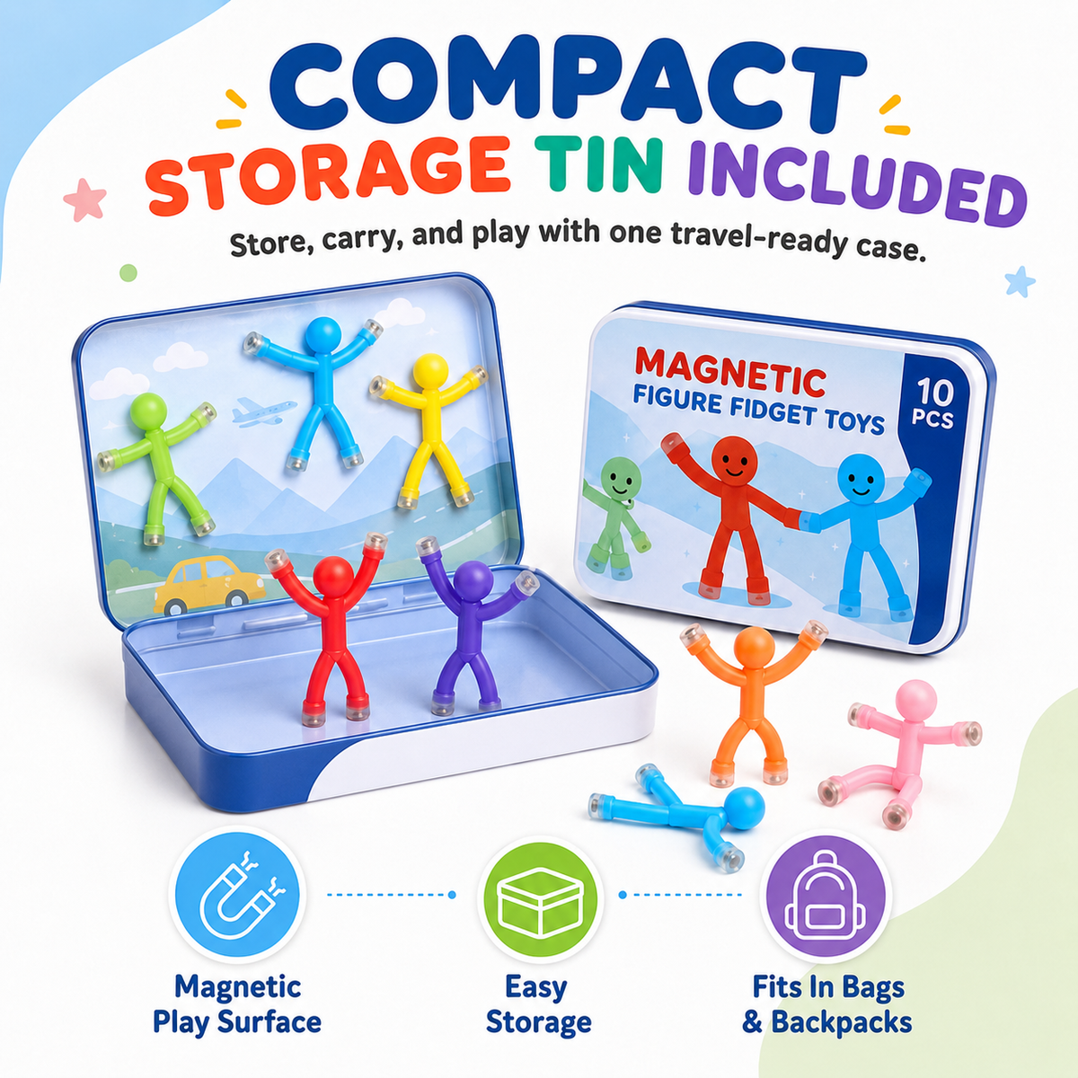 🧲 10-Pack Magnetic Bendy Figure Fidget Toys with Metal Storage Tin 🌈