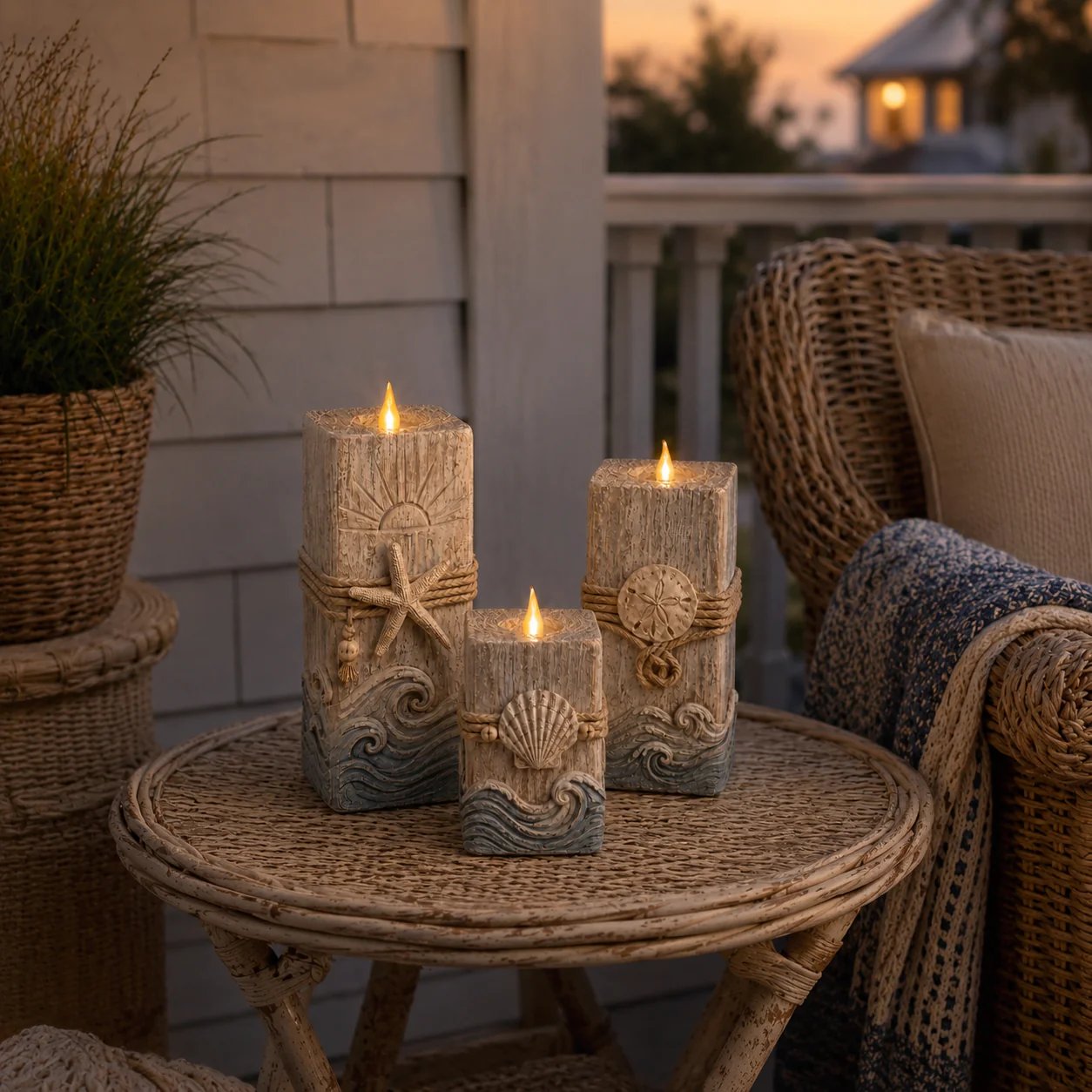 🔥 HOT SALE 🔥🌊 Coastal Wooden LED Candle Set of 3 with Remote & Timer 🕯️