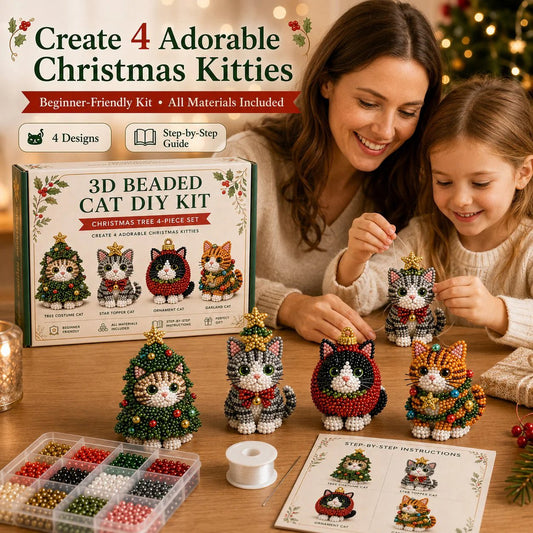🎄 3D Beaded Christmas Cat DIY Craft Kit Set of 4 Handmade Ornaments 🐱