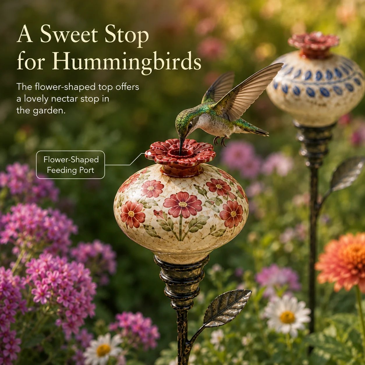 🌺 Ceramic Hummingbird Feeder Garden Stake for Outdoor Décor