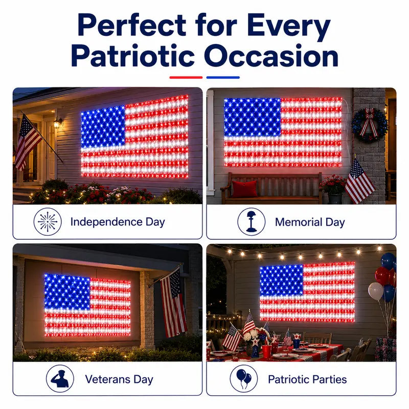 🇺🇸✨ 390 LED Solar Flag Lights – Waterproof Patriotic Decor with Remote & USB | 4th of July Yard 🚀
