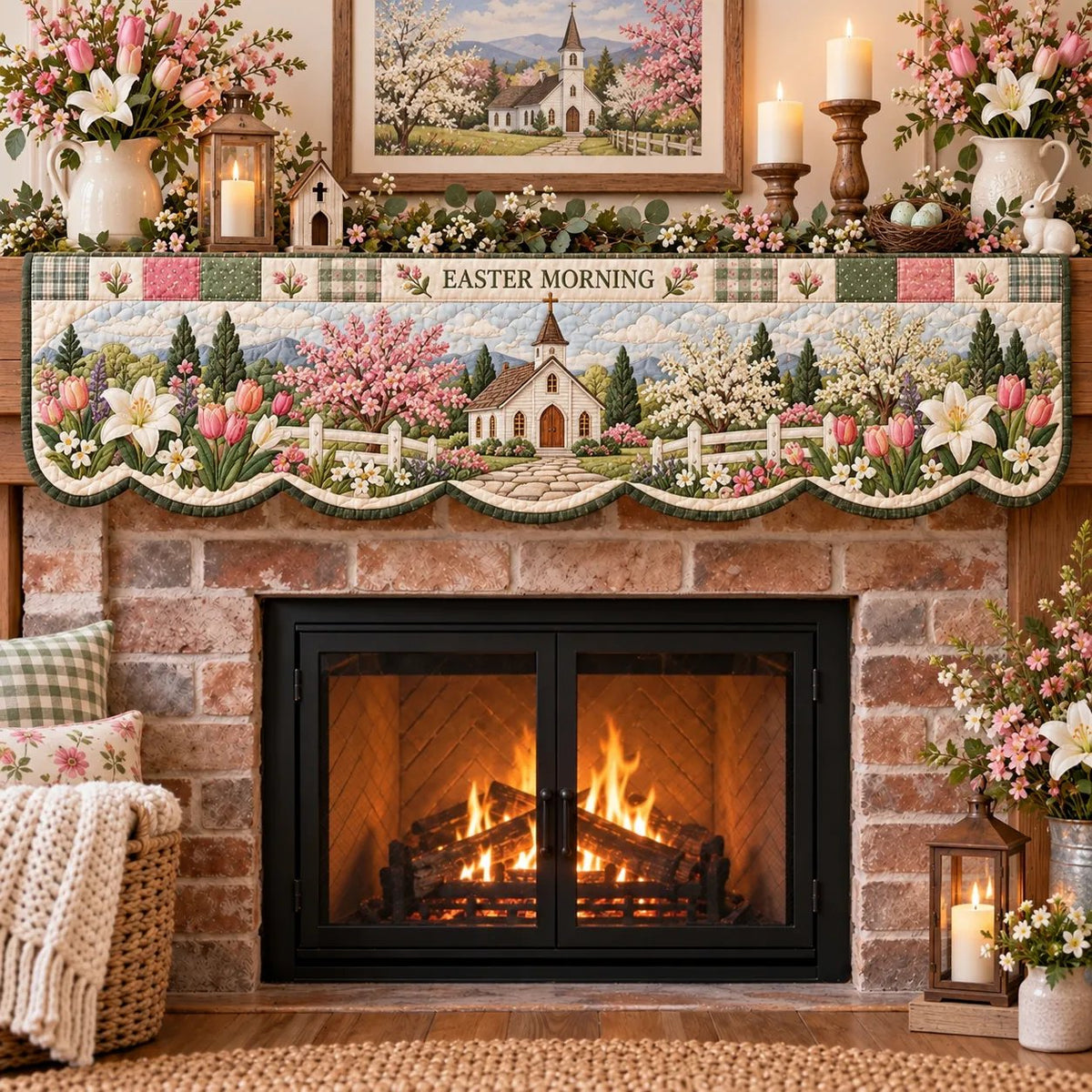 ✝️ Easter Faith Quilted Mantel Scarf | Patchwork Christian Fireplace Décor for Spring & Easter 🌷