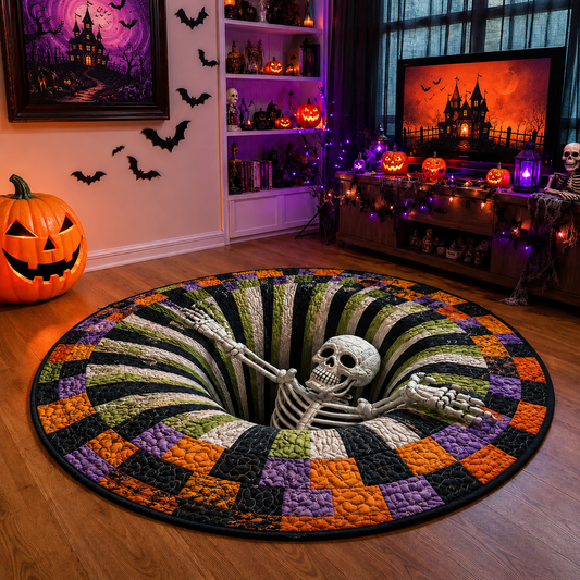 🎃 Skeleton Vortex Quilted Round Mat – Spooky Halloween Floor Illusion 💀