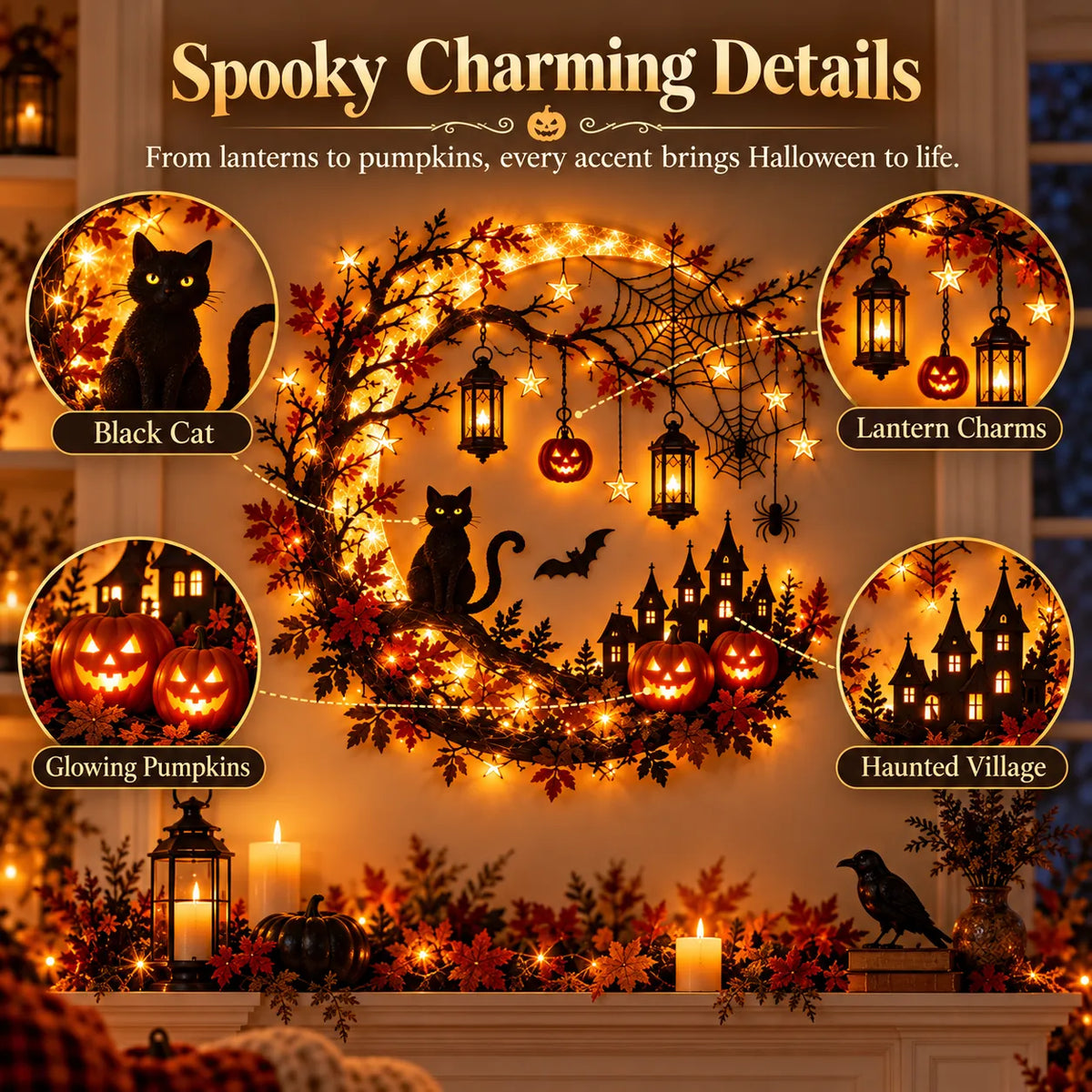 🚚 FREE SHIPPING 🎃 Enchanting Halloween Crescent Moon Wall Light with Black Cat & LED Lanterns 🐈