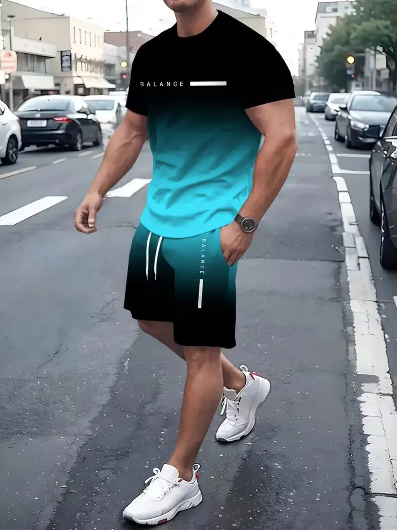 🔥 HOT SALE👕Men’s Gradient Short Sleeve Tracksuit Set – 55% OFF