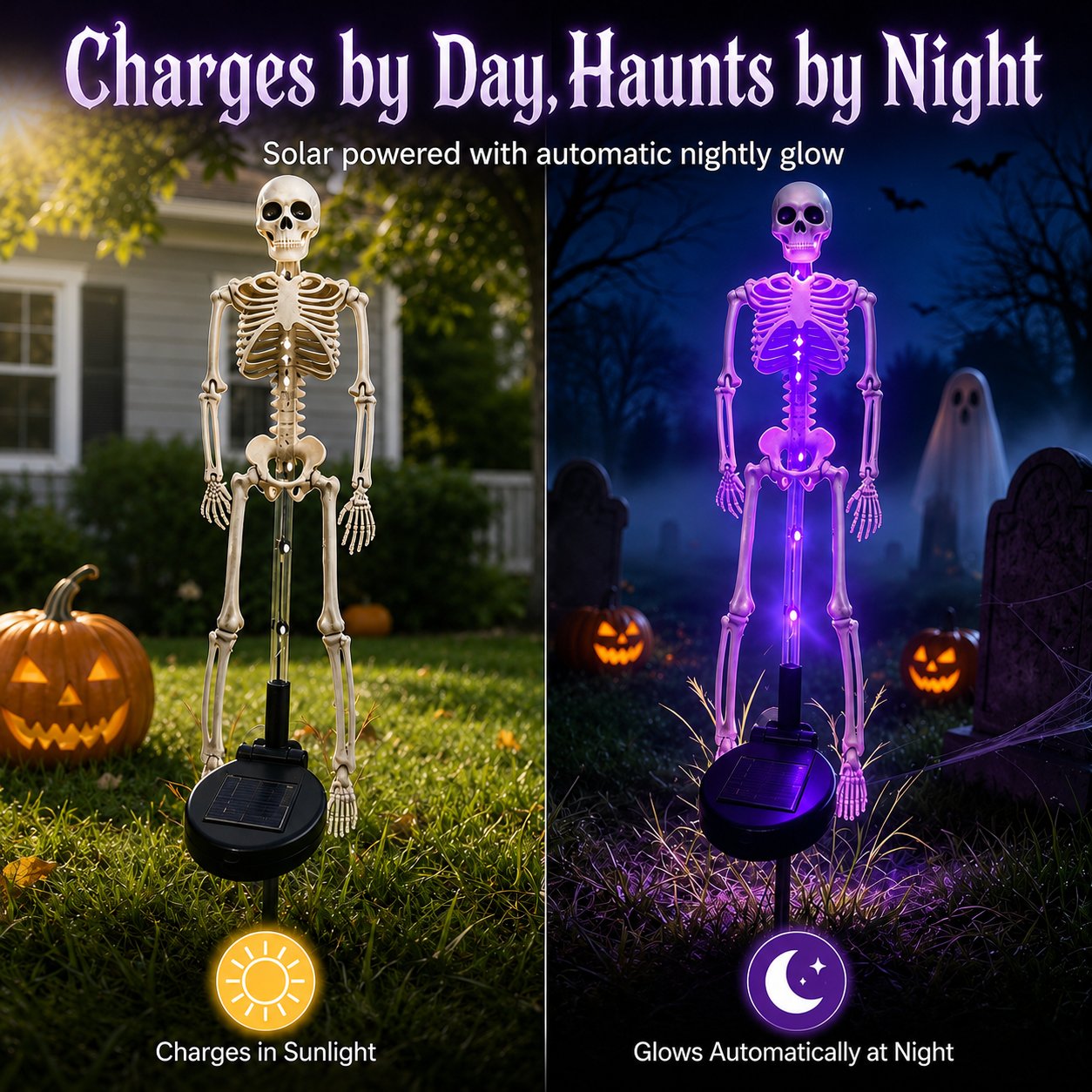💜 Solar Light-Up Skeleton Yard Stake – Purple Glow Halloween Outdoor Decor 👻