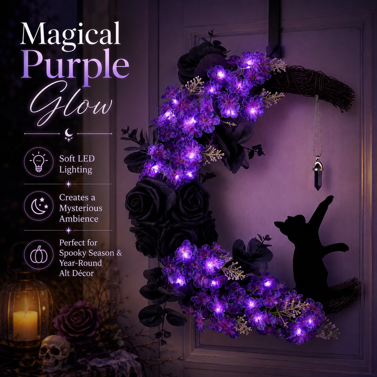 🌙 Halloween Crescent Moon Cat Wreath – Add A Witchy Purple Glow To Your Door 🐈‍⬛