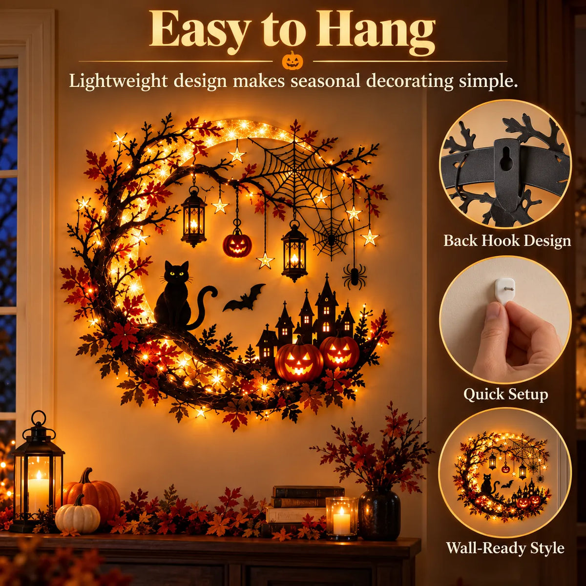 🚚 FREE SHIPPING 🎃 Enchanting Halloween Crescent Moon Wall Light with Black Cat & LED Lanterns 🐈