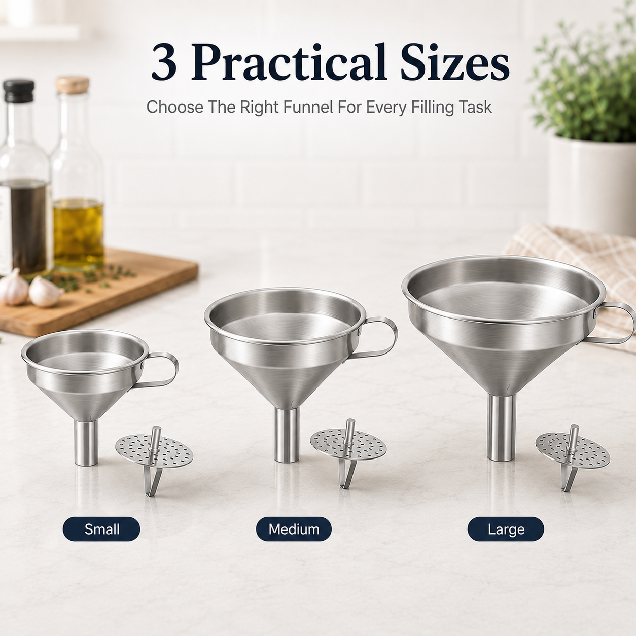 Stainless steel funnel, suitable for transferring oils and liquids; kitchen funnel with a brush