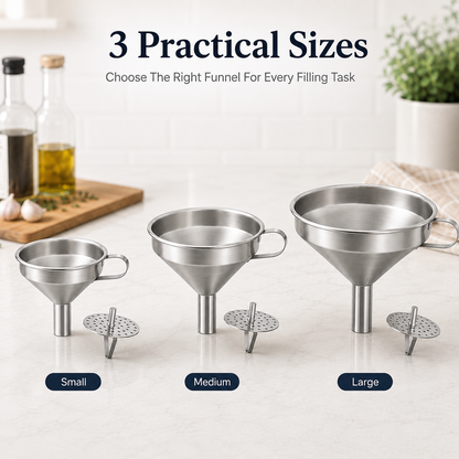 Stainless steel funnel, suitable for transferring oils and liquids; kitchen funnel with a brush