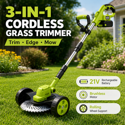 21V Cordless 3-in-1 Grass Trimmer, Edger & Mini Lawn Mower with 2 Batteries