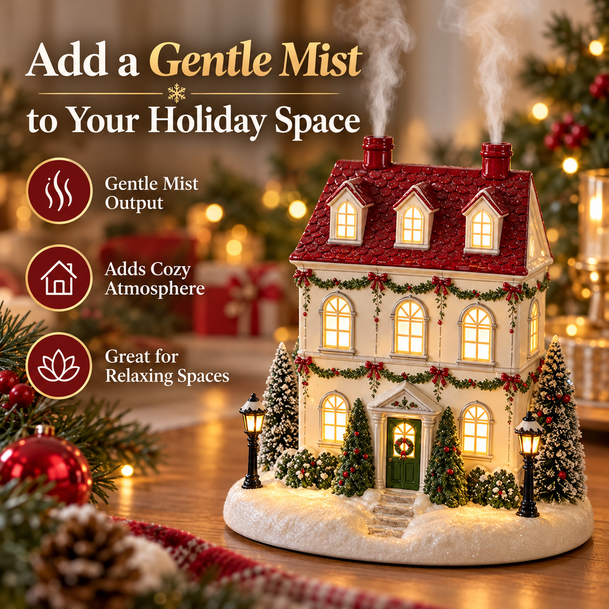 🎄 Lighted Christmas House Diffuser – Cozy Holiday Cottage with Gentle Mist ✨
