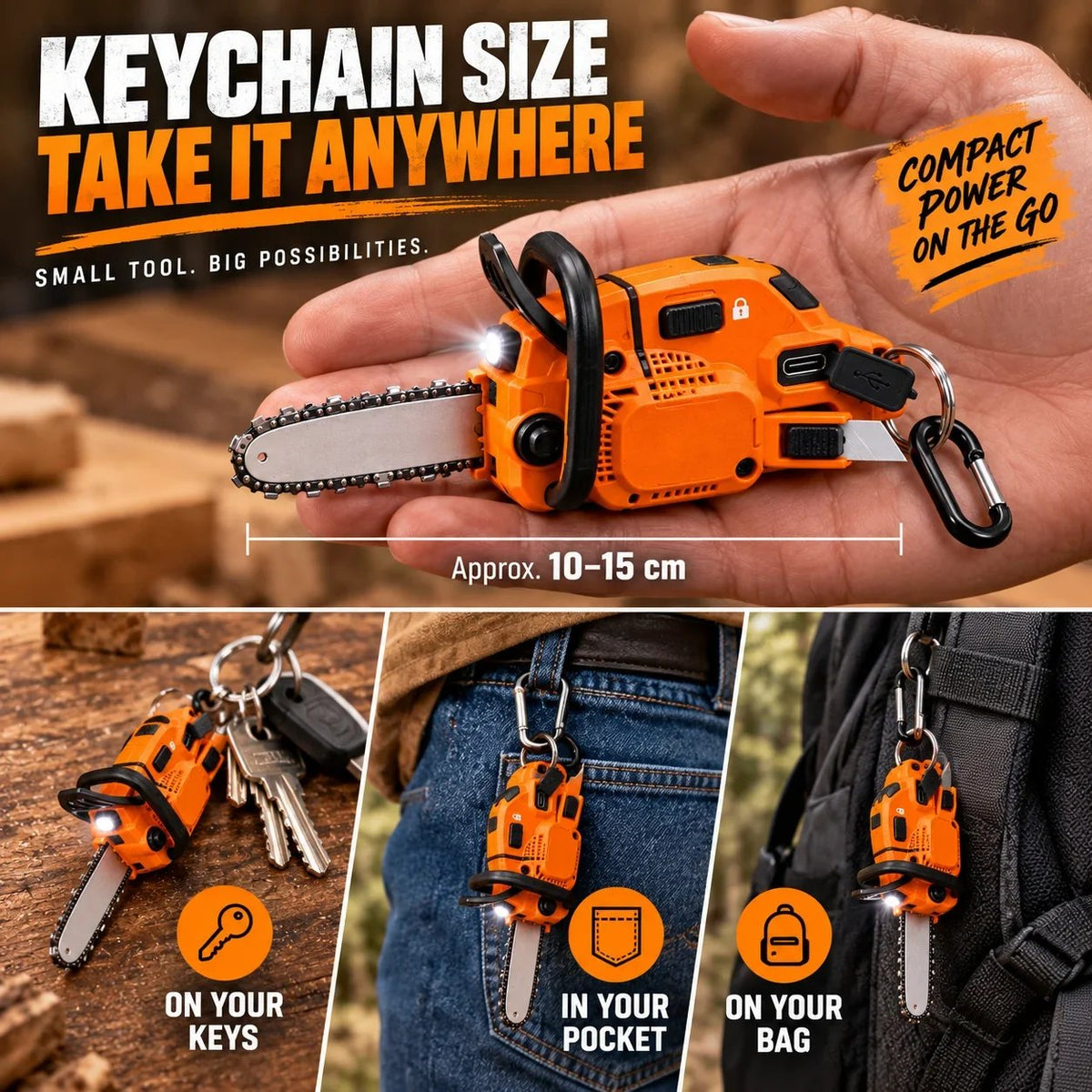 Mini Chainsaw Keychain Multi-Tool – Rechargeable LED Flashlight & Retractable Utility Cutter
