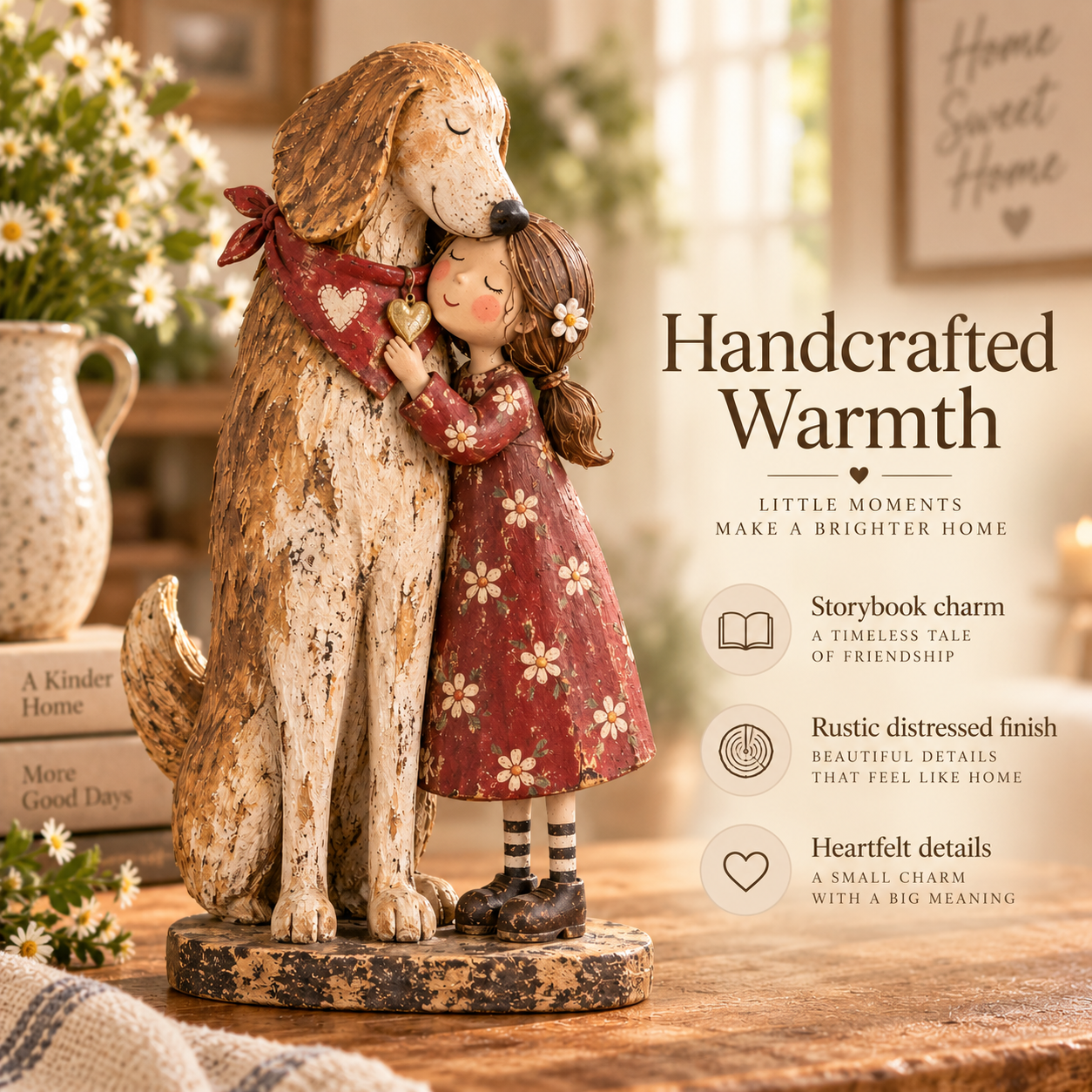 🐾 "Home Is Who Holds You" Girl & Rescued Dog Keepsake – Sentimental Folk Art Figurine ❤️