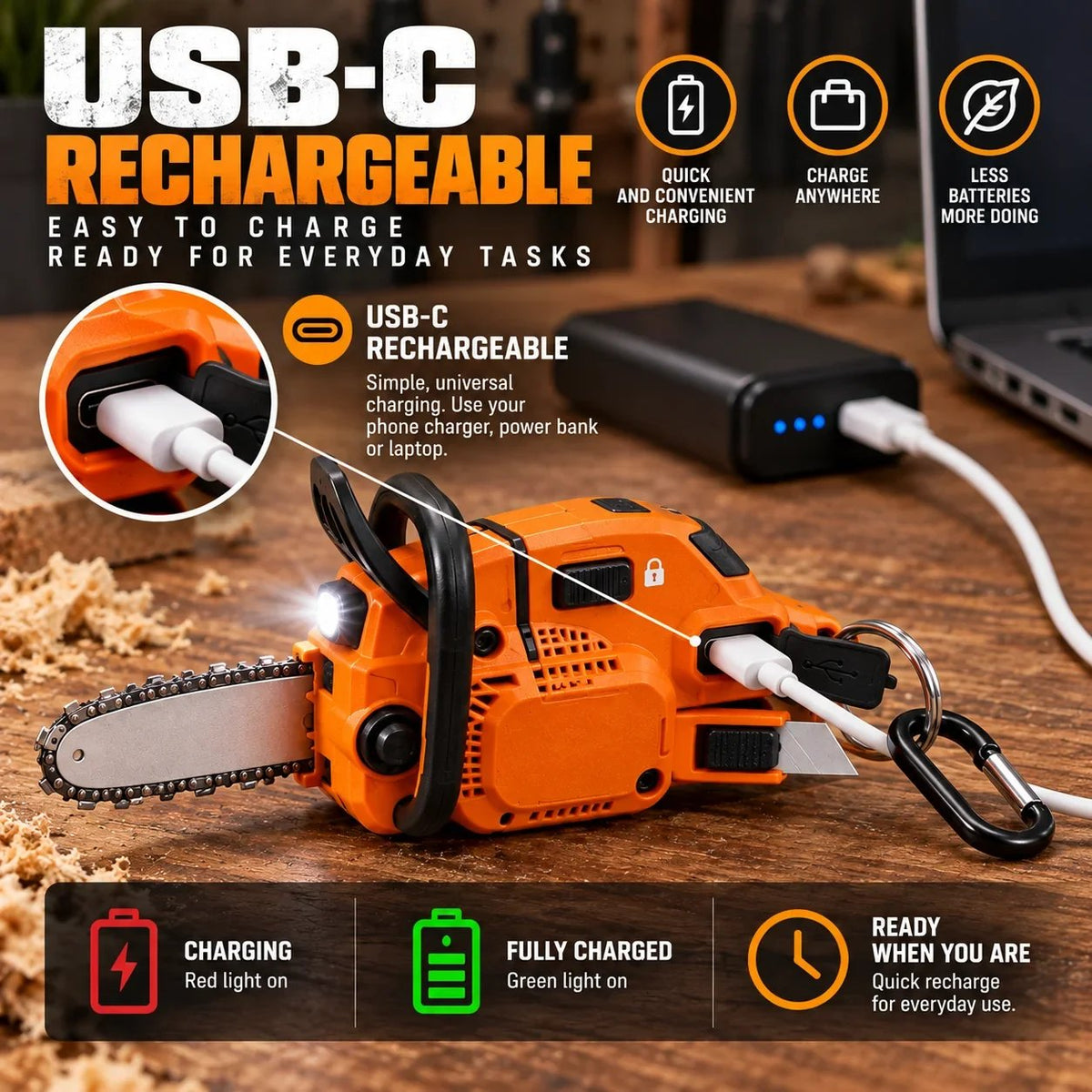 Mini Chainsaw Keychain Multi-Tool – Rechargeable LED Flashlight & Retractable Utility Cutter