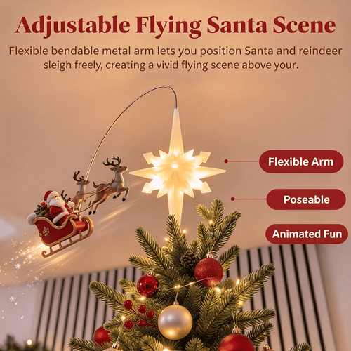 🎅 Lighted Santa Sleigh Christmas Tree Topper – Moravian LED Star with Bendable Flying Arm