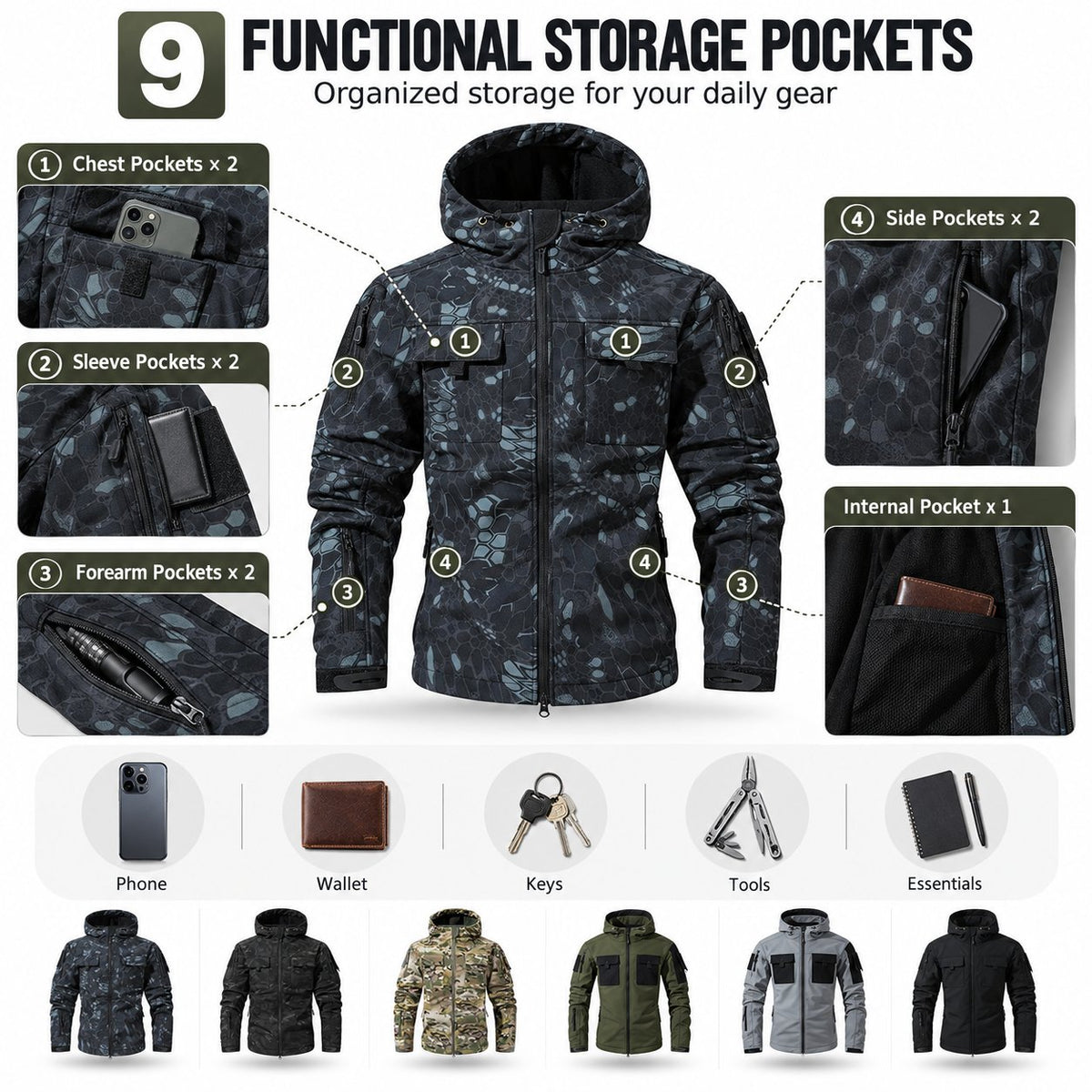 🏕️ Tactical Hooded Jacket with 9 Utility Pockets and Warm Fleece Lining